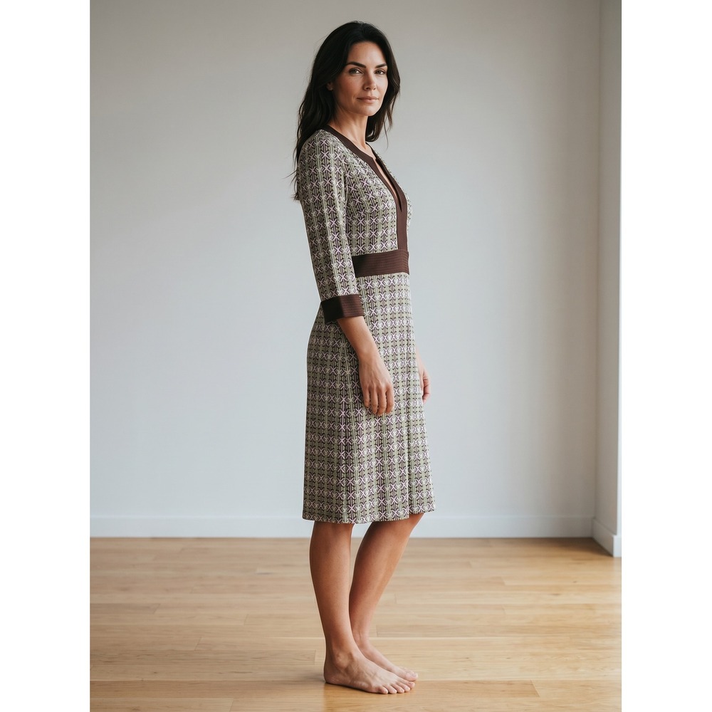 Tory Burch Silk Geometric Print Notched V-Neck Dress Brown Green Lavender Size M